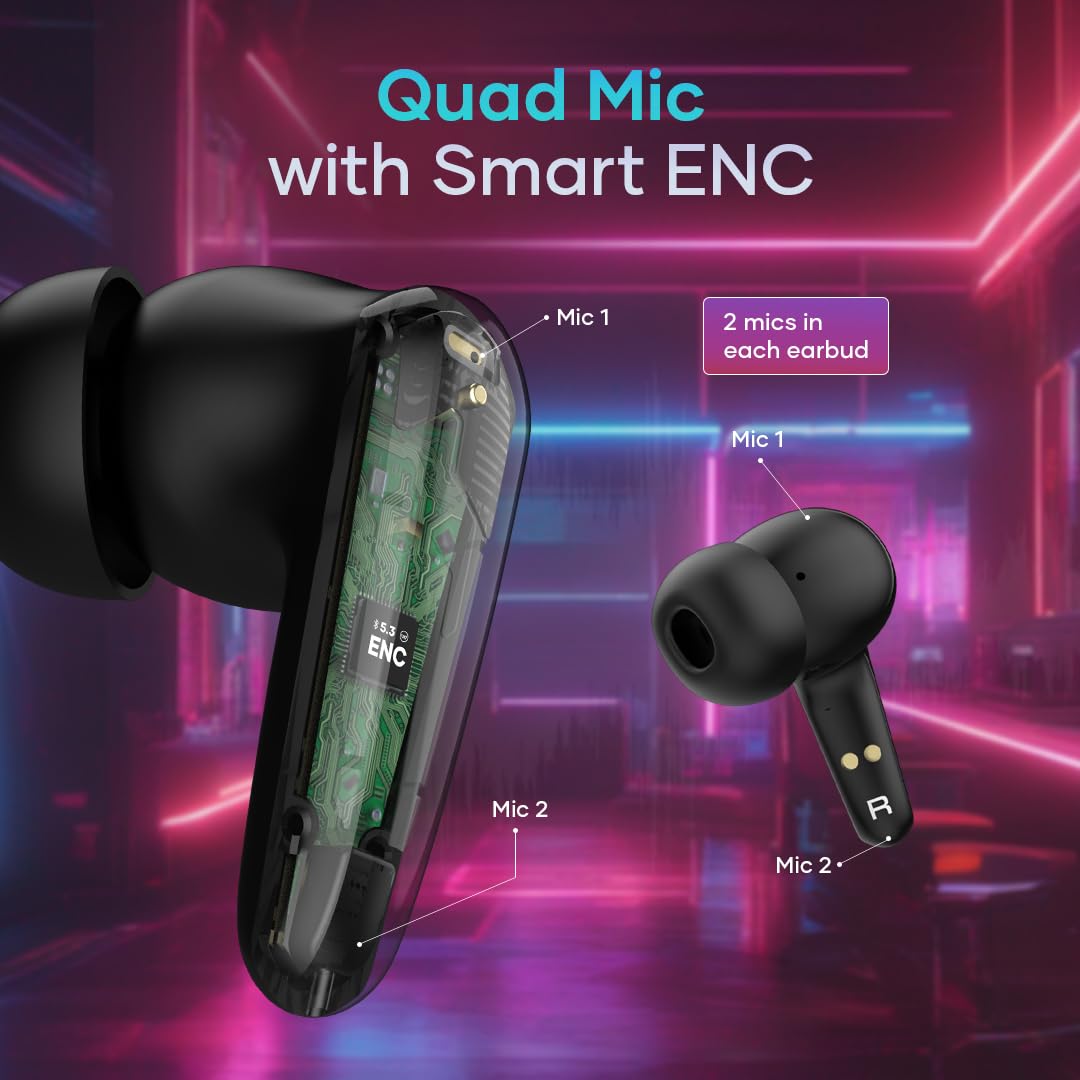 Wings Phantom 450 Made In India Wireless Earbuds With Digital Battery Display, Smart Enc, 13Mm Drivers, 10Hrs Total Playtime, Touch Controls - In Ear, Grey - Image 2