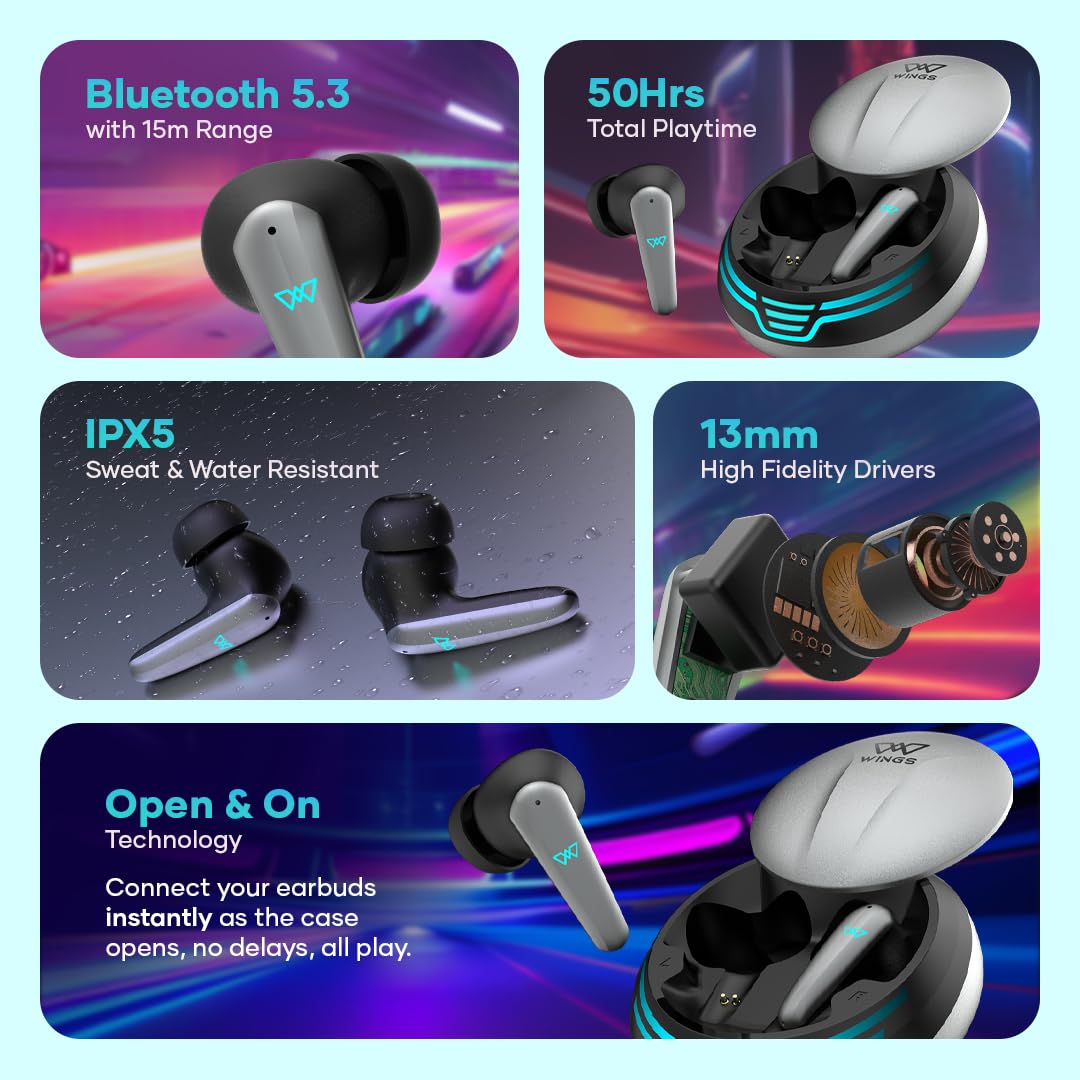 Wings Phantom 450 Made In India Wireless Earbuds With Digital Battery Display, Smart Enc, 13Mm Drivers, 10Hrs Total Playtime, Touch Controls - In Ear, Grey - Image 3